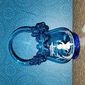 Mary Gregory Style Blue Basket Vase Signed Dated EC